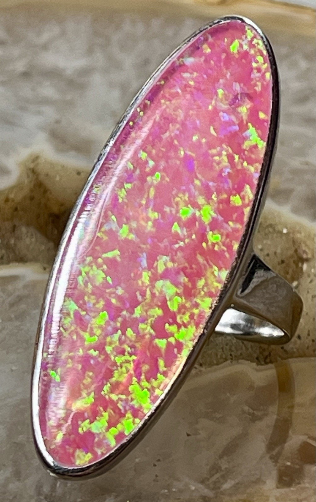 Pink Aurora Opal Southwestern Sterling Silver Ring Size 7-8 Statement Piece